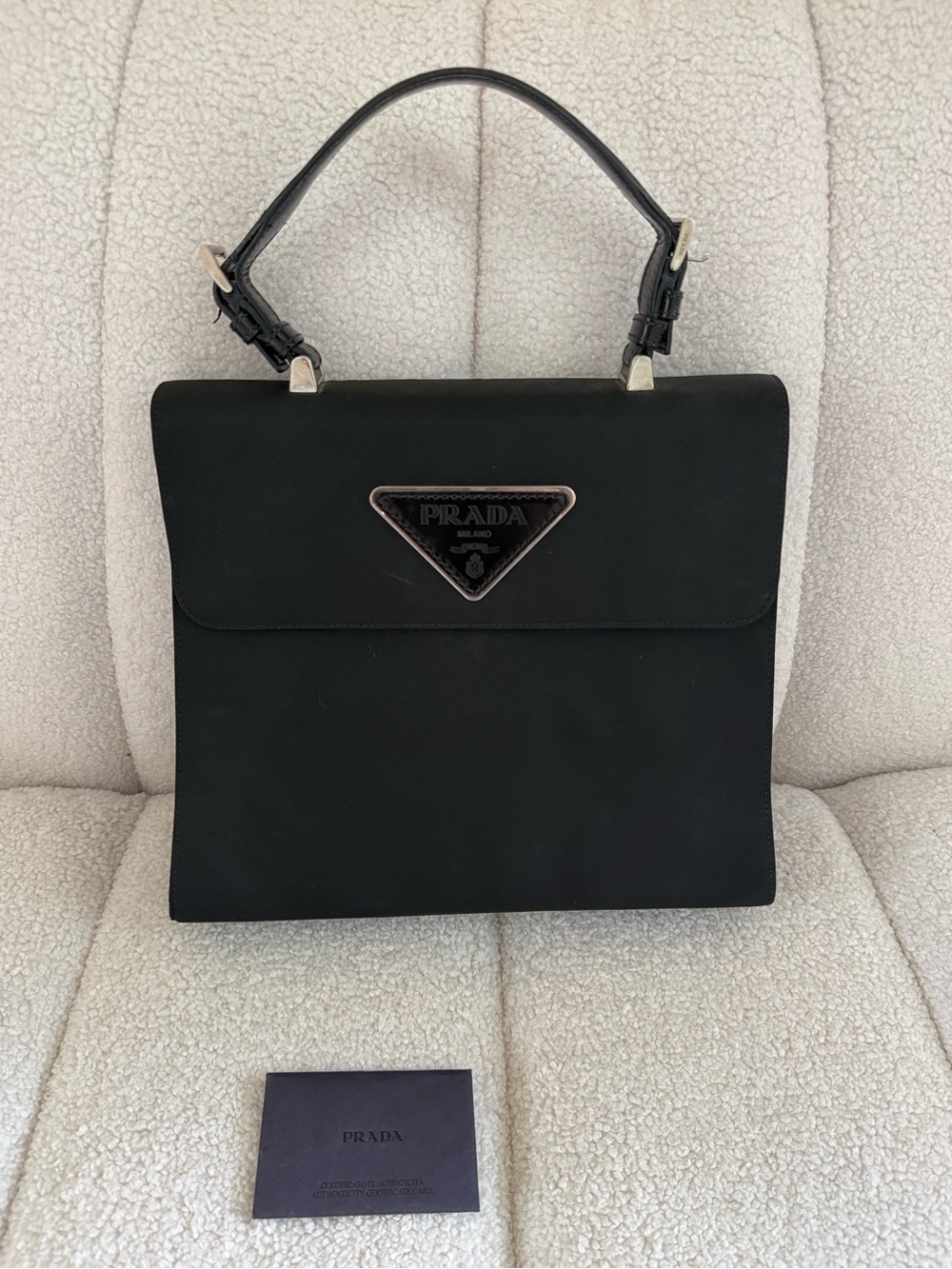 Vintage 90’s Prada Triangle Logo Tessuto Nylon x Enamel Kelly Type Bag Black